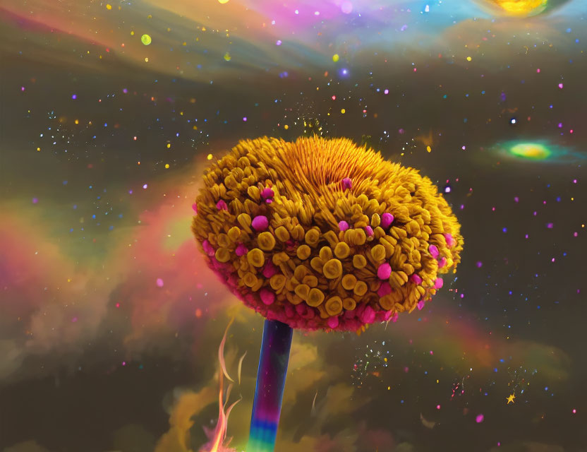 Colorful Tree Illustration with Mushroom Canopy in Cosmic Setting