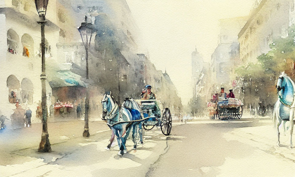 City street watercolor painting with people, carriage, and vintage lamps in soft tones