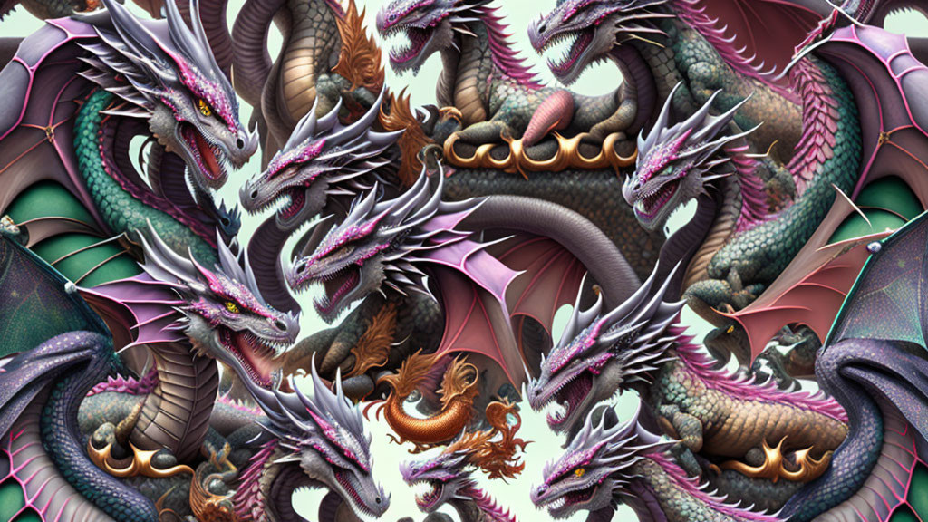 Vividly colored digital artwork of intricate dragons with sharp claws