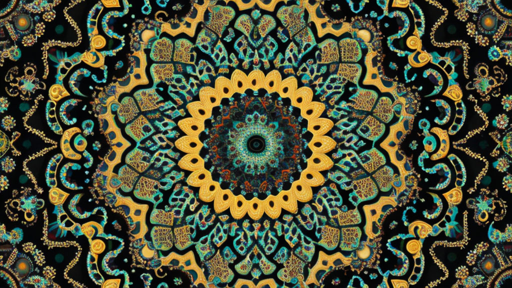 Intricate Blue and Gold Mandala Pattern on Black Background