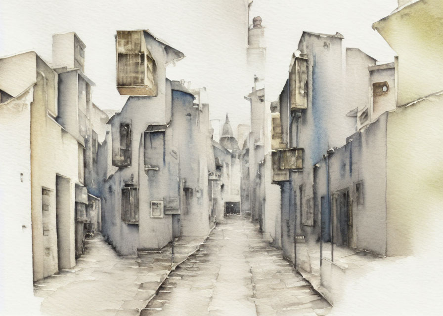 Quaint narrow street watercolor painting with old buildings and distant church steeple
