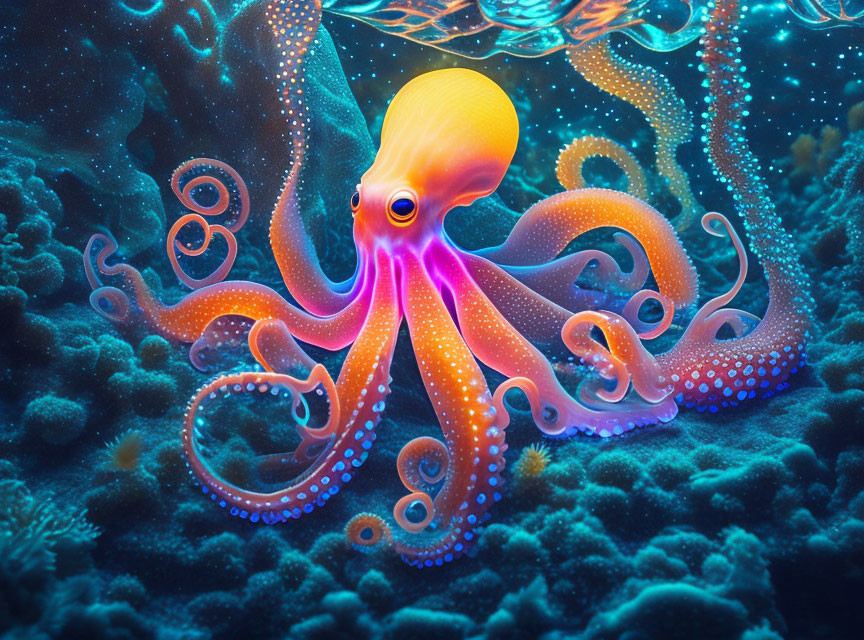 Colorful Octopus Illustration with Twisting Tentacles in Underwater Scene
