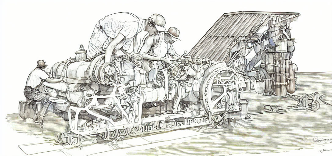 Three people repairing vintage machine with tools in sketch illustration