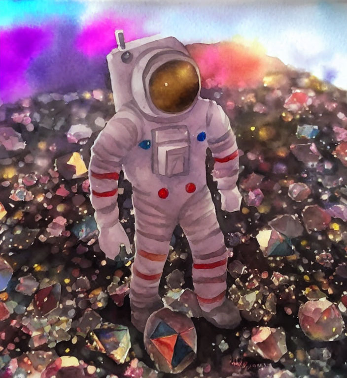 Astronaut in white spacesuit on colorful alien planet with nebula.