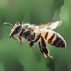 Detailed Illustration: Honeybee in Mid-Flight with Blurred Wings on Green Background