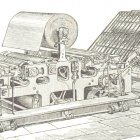 Three people repairing vintage machine with tools in sketch illustration