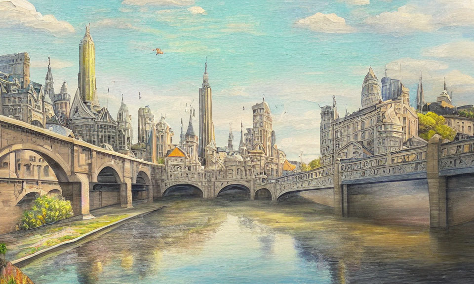 Idyllic cityscape painting with historic buildings and bridge over calm river