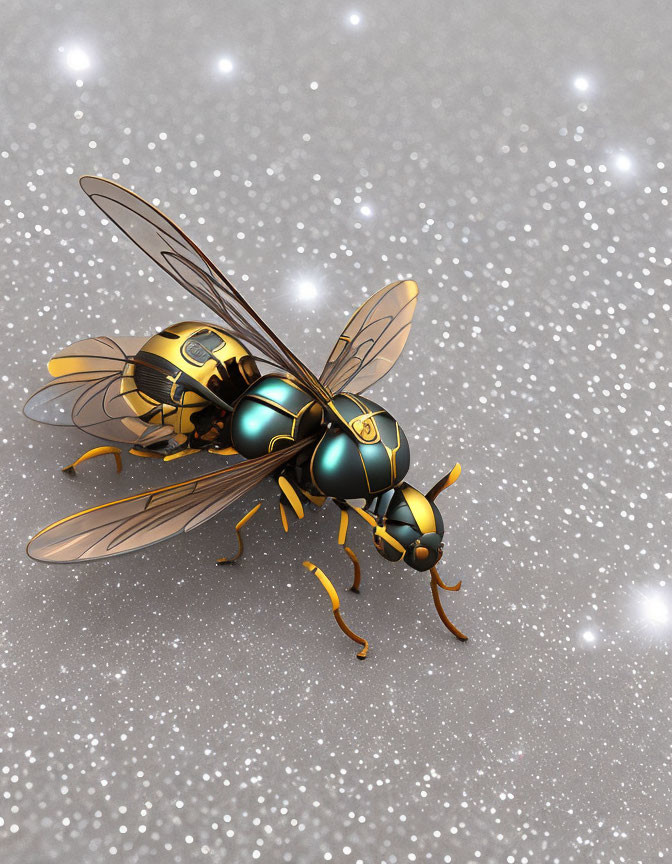 Metallic Bee with Gold and Turquoise Colors on Glittery Grey Surface
