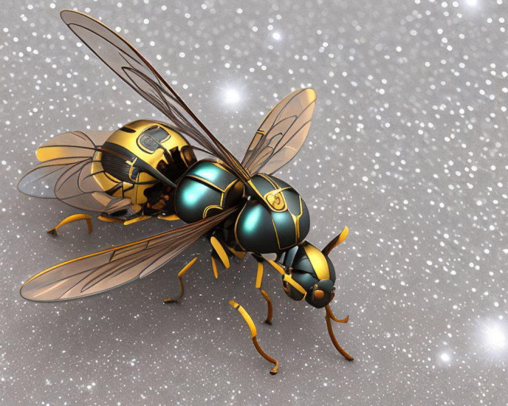 Metallic Bee with Gold and Turquoise Colors on Glittery Grey Surface