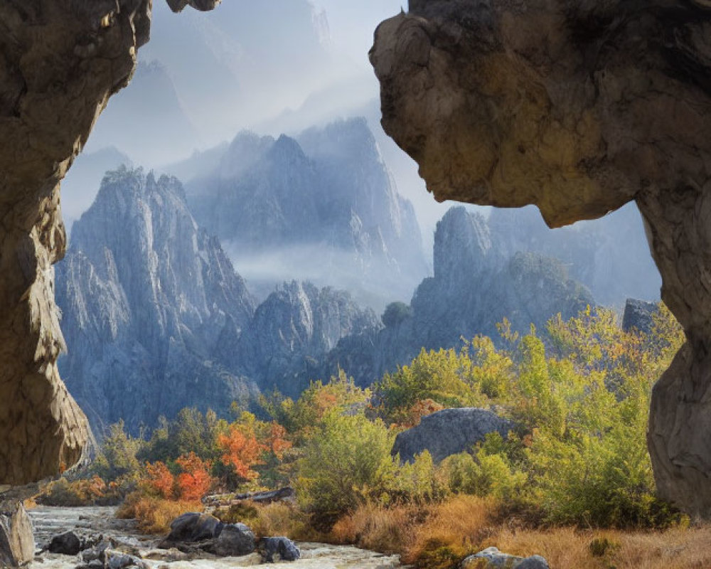 Scenic river in autumn valley with cave entrance and misty mountains