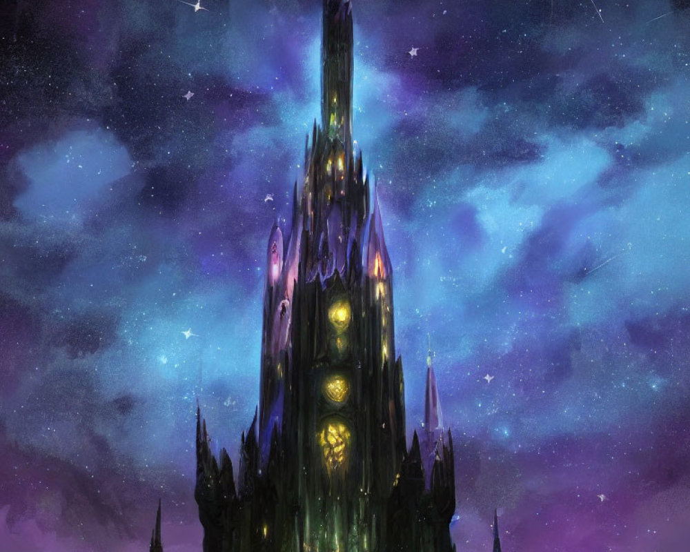 Fantasy spire under cosmic sky with stars, nebulae, and comets