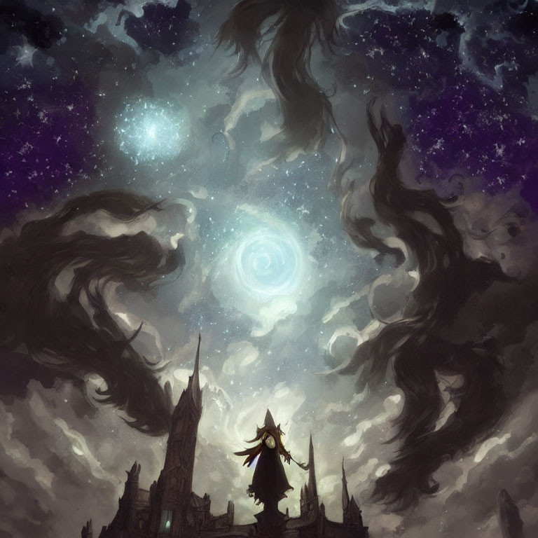 Mystical figure in galaxy with castle silhouette under starlit sky