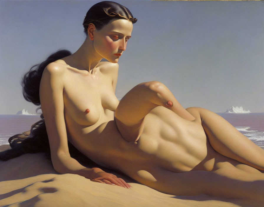 Realistic painting of reclined woman on beach with icebergs in background