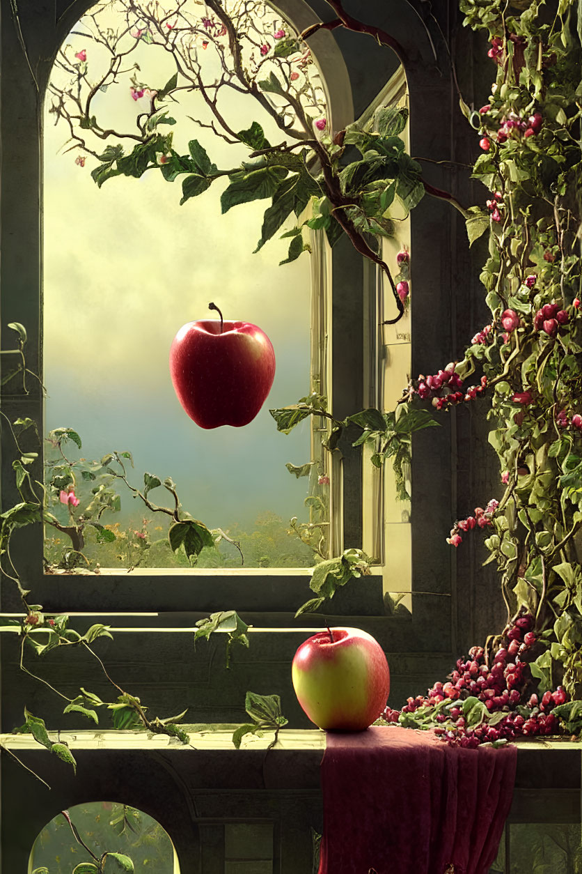 Levitating apple by window with vines and misty landscape view