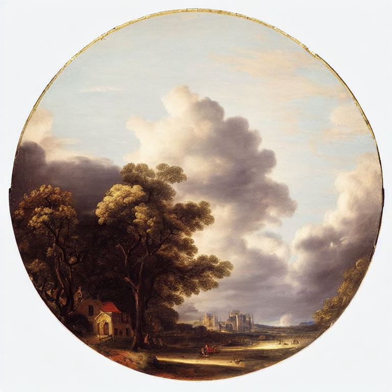 Circular painting of tranquil landscape with trees, house, ruins, figures, and dramatic sky