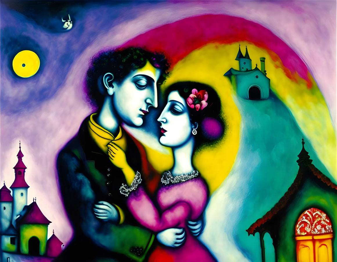 Vibrant painting of couple embracing under night sky
