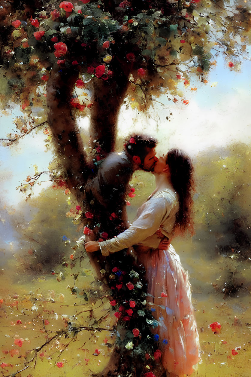 Romantic couple kissing under flower-adorned tree in serene meadow