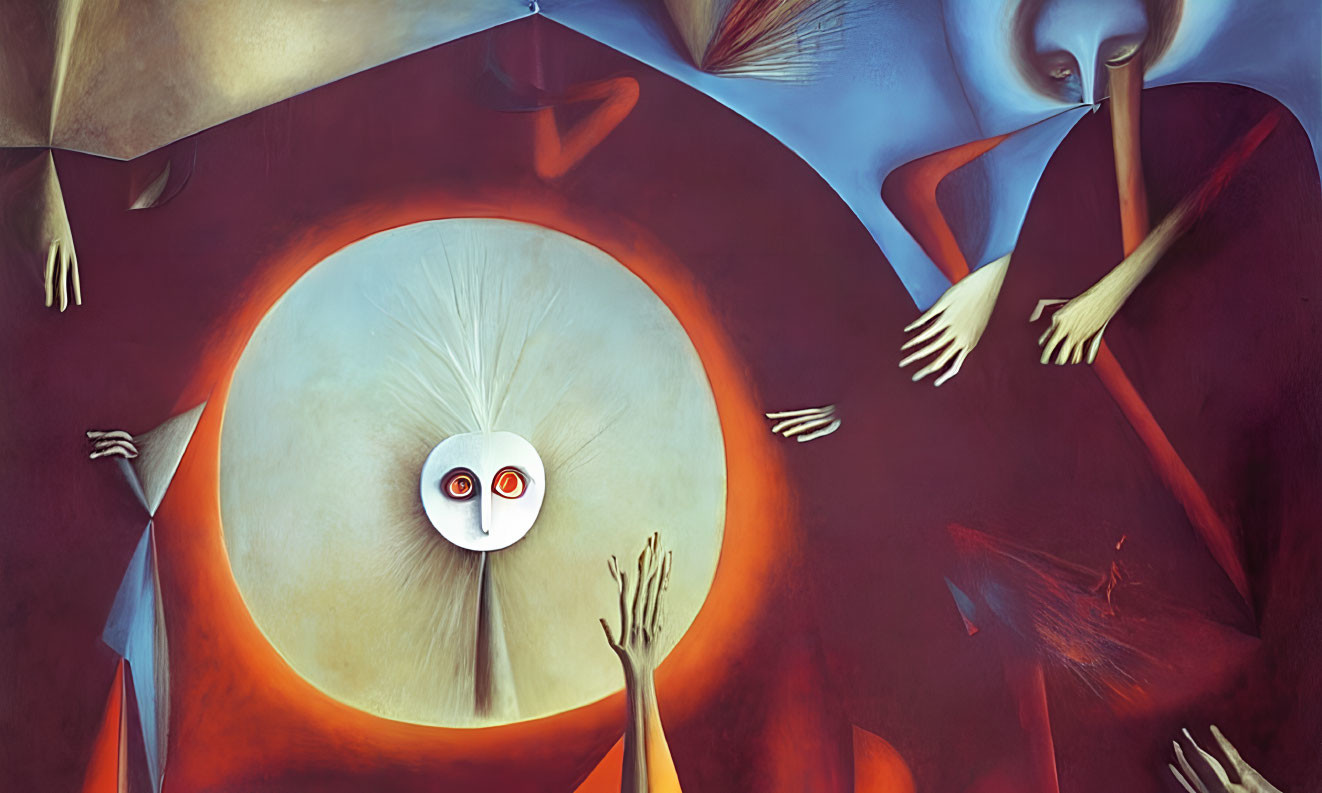 Colorful abstract art with central white figure and red eyes in surreal setting.