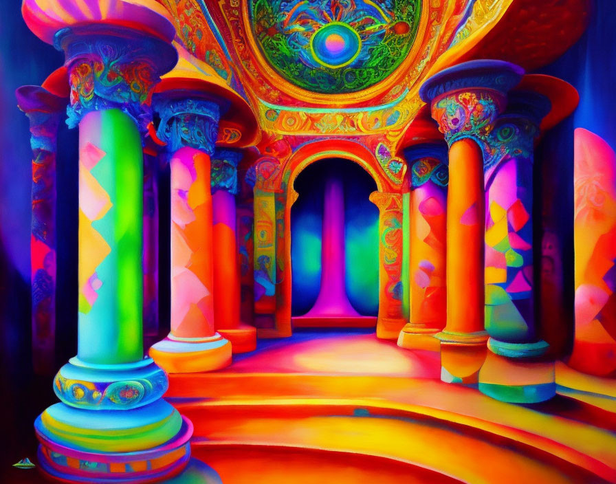 Colorful Psychedelic Corridor with Fluorescent Pillars and Dark Archway