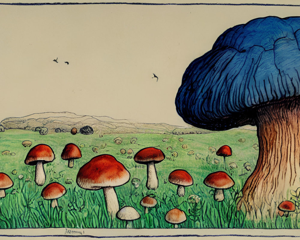 Vibrant mushroom illustration in grassy field with blue-capped mushroom