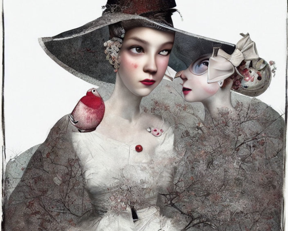 Surreal Artwork Featuring Vintage Women and Red Bird