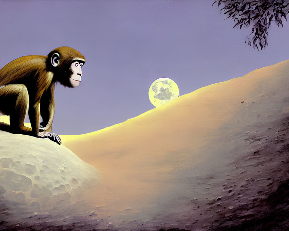 Monkey gazing at full moon on hilltop at twilight