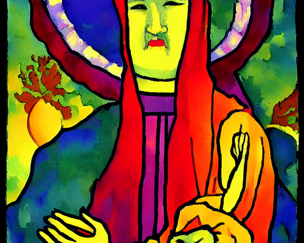 Colorful Stained Glass Style Painting of Figure with Halo Embracing Another Figure