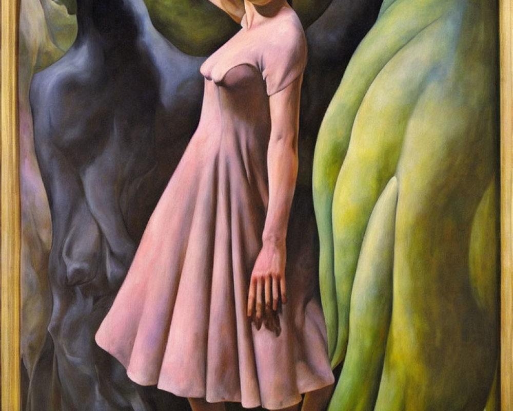 Dramatic painting of a woman in pink dress with dark and bright figures
