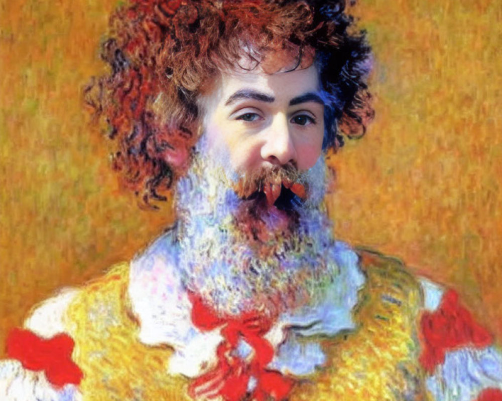 Man's face blended with pointillist-style portrait in vibrant colors with red bow.