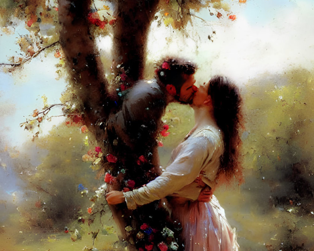 Romantic couple kissing under flower-adorned tree in serene meadow