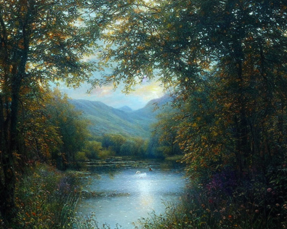 Tranquil landscape painting of serene river and autumn trees