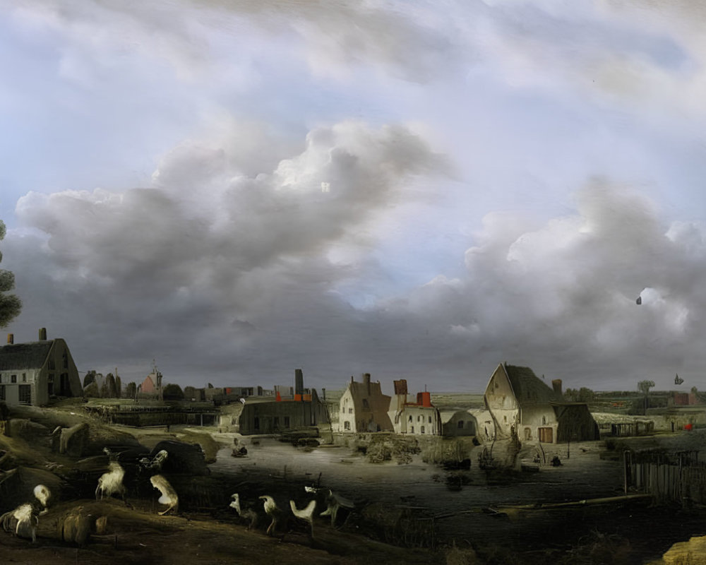 17th-Century Dutch Landscape Painting with Village, Windmill, and Villagers