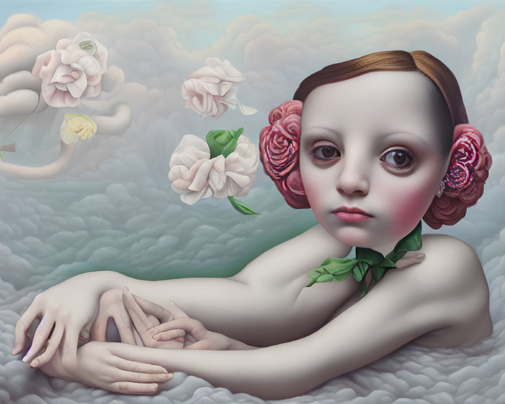 Child portrait with oversized eyes in dreamy sky with floral clouds