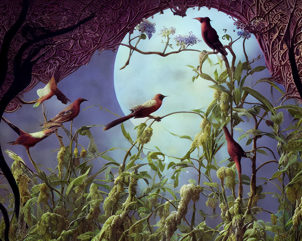 Framed artwork of red birds in flight among green foliage under full moon