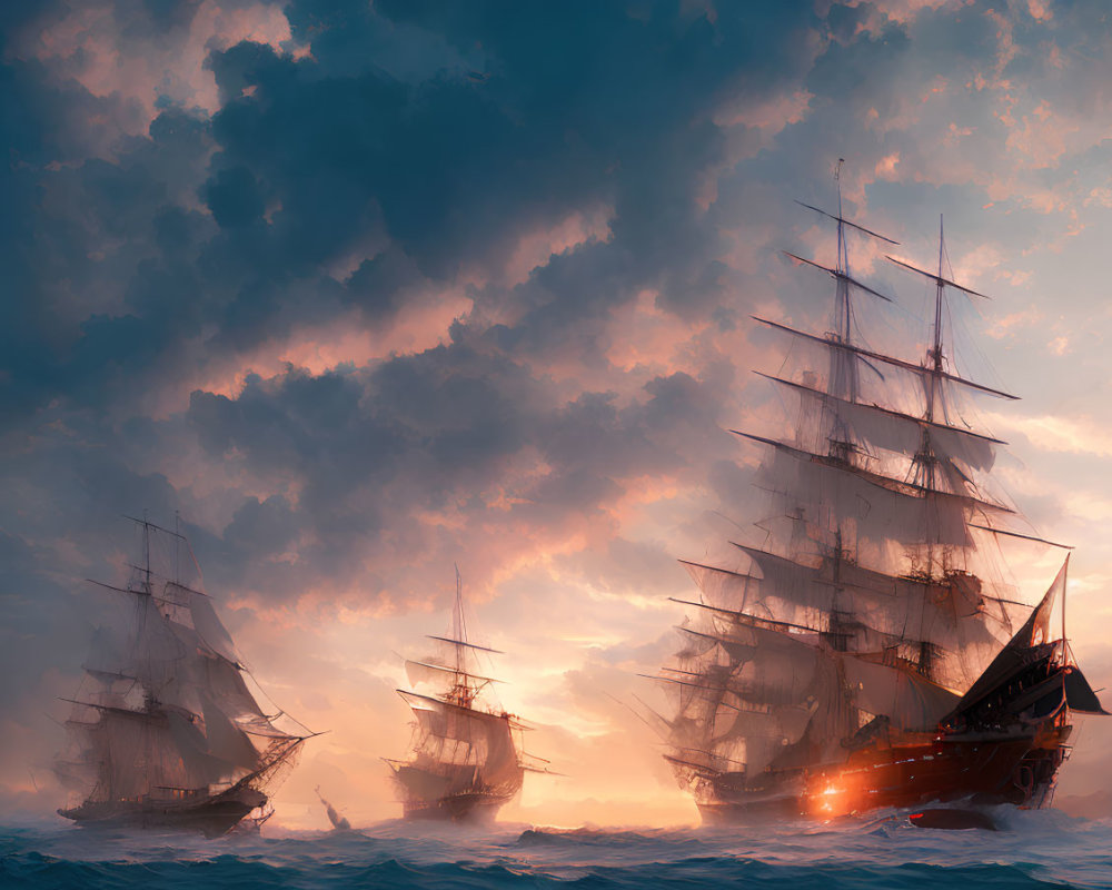 Tall ships with full sails in fiery sunset waters