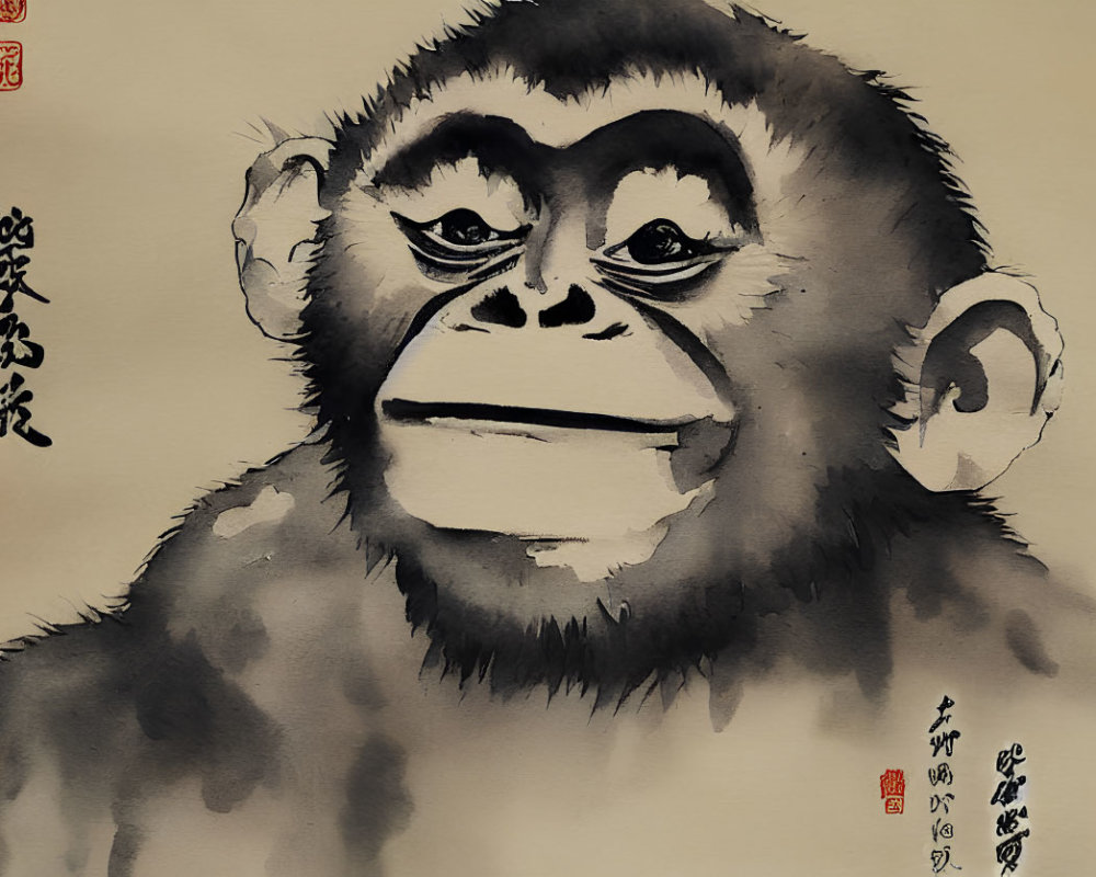 Young chimpanzee portrayed in ink wash with Chinese calligraphy and red seals.