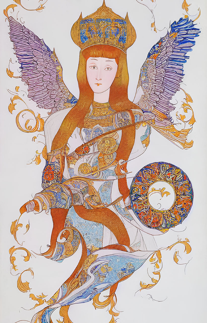 Detailed illustration of winged humanoid in ornate armor with shield and sword