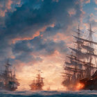 Tall ships with full sails in fiery sunset waters