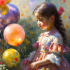 Young girl in vintage dress with colorful balloons in dreamy floral setting