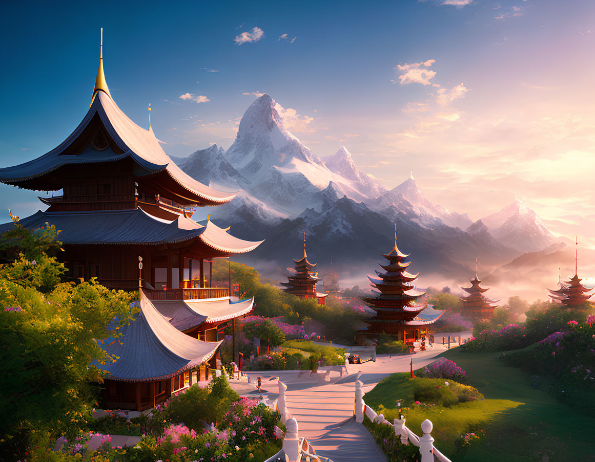 Traditional pagodas, blossoming gardens, and snow-capped mountains in serene landscape