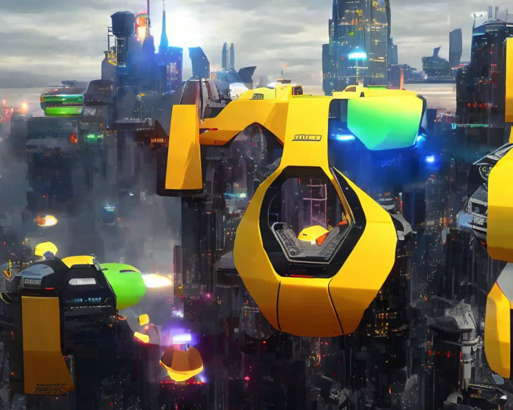 Colorful flying cars in illuminated futuristic cityscape.