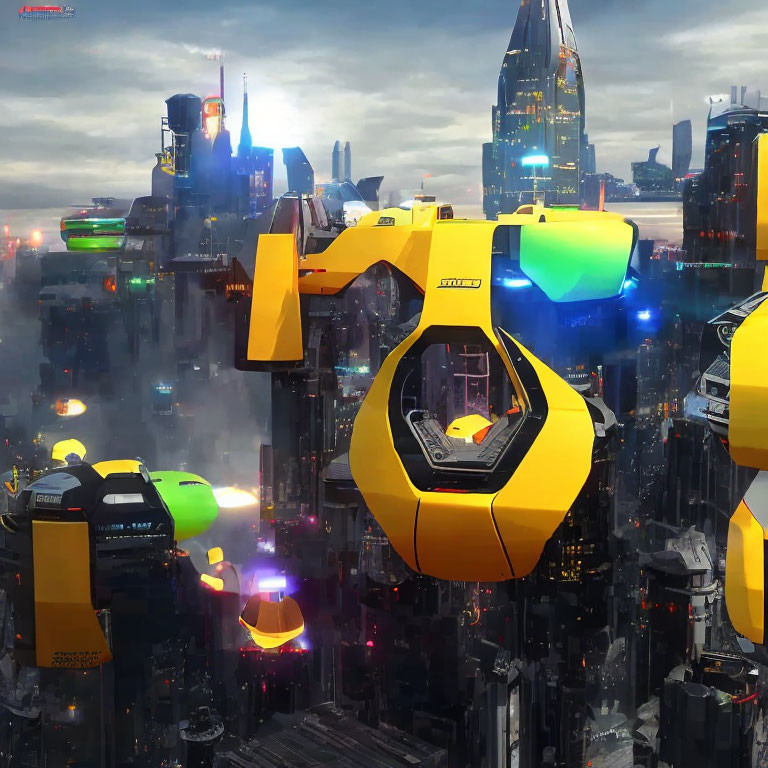 Colorful flying cars in illuminated futuristic cityscape.