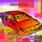 Retro-futuristic image: Classic cars in psychedelic landscape
