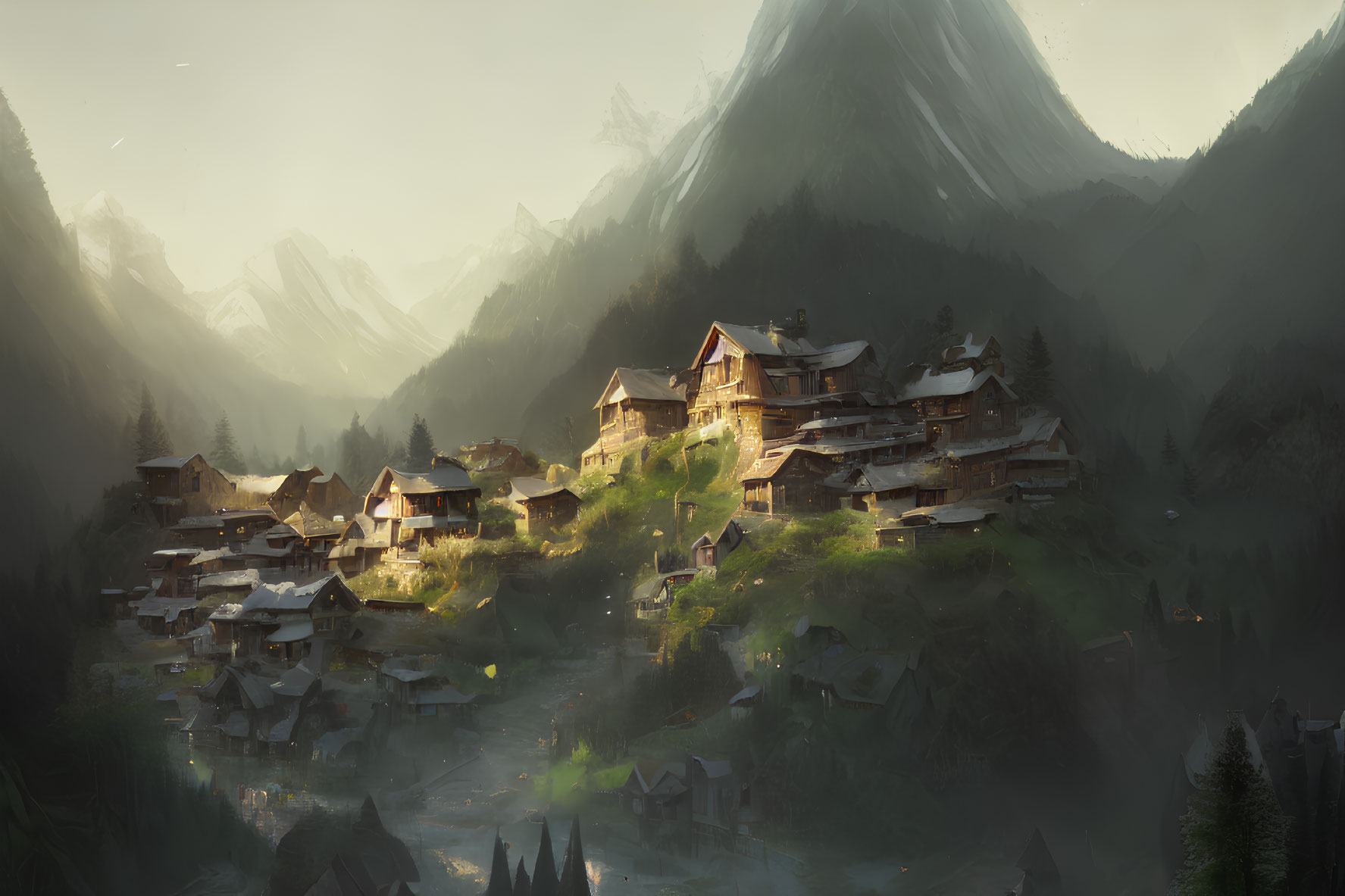 Scenic mountain village with rustic houses and misty peaks