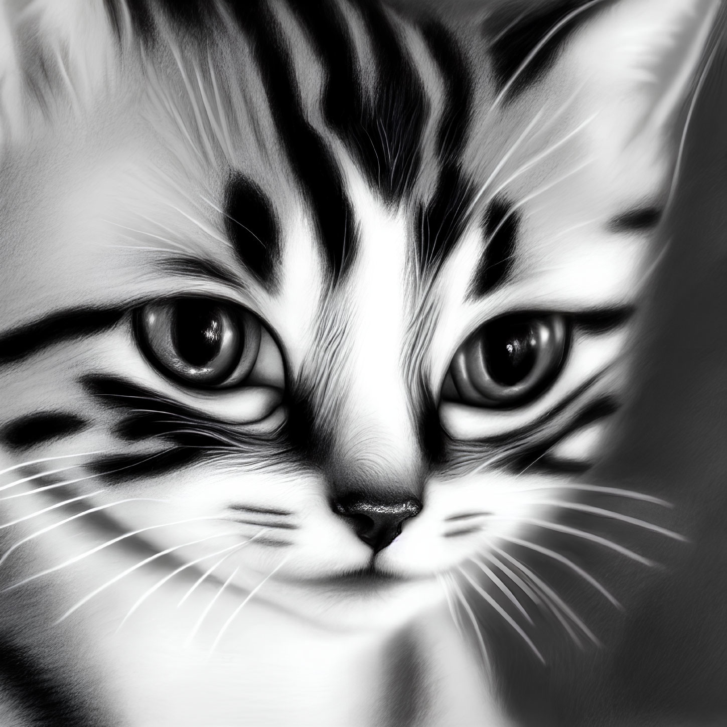 Monochrome digital artwork of a kitten's face with prominent eyes and striped fur.