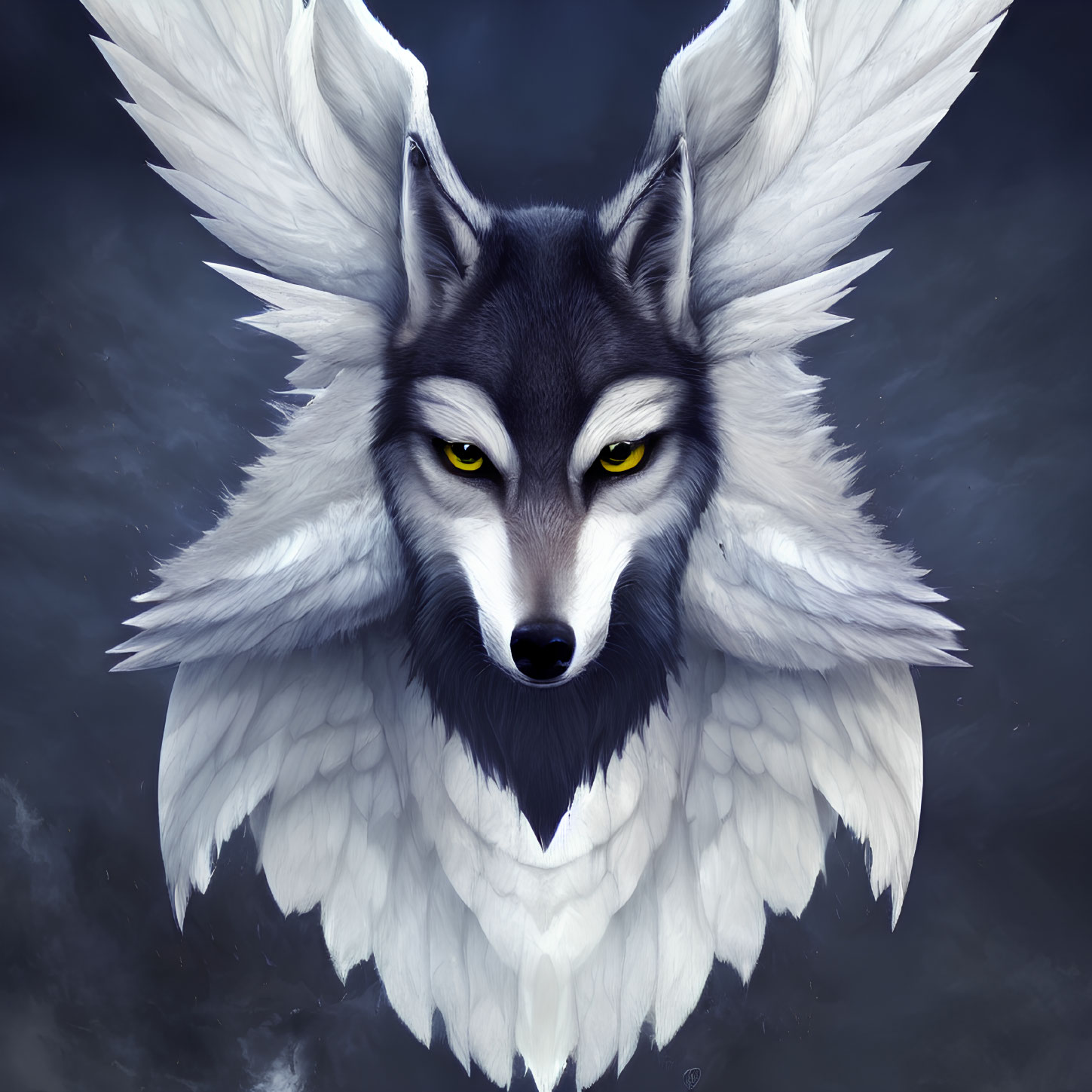 Majestic winged wolf with yellow eyes in dark cloudy setting