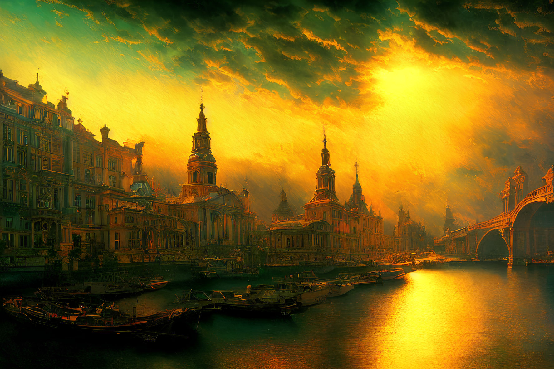 Vibrant sunset over historic riverfront cityscape with baroque architecture, boats, and bridge