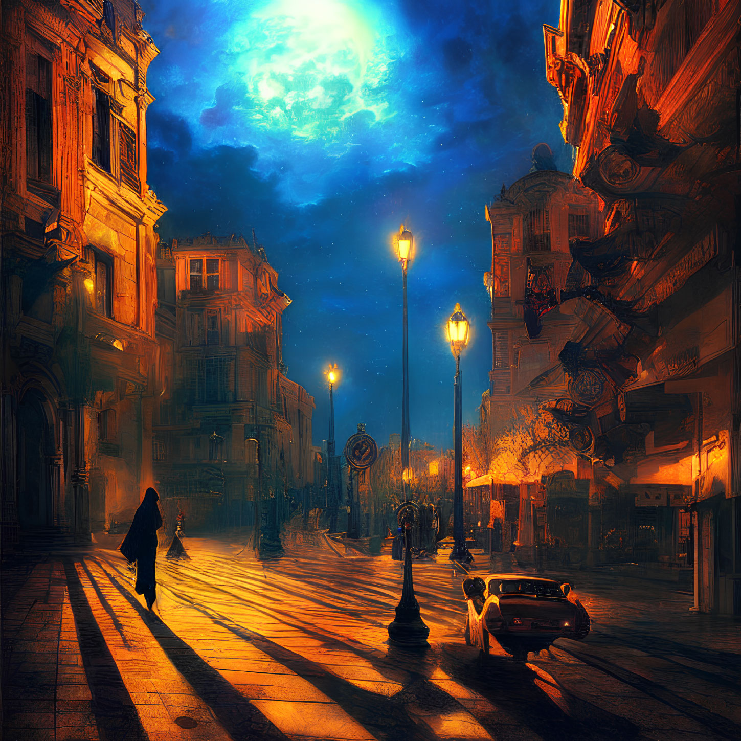 Moonlit cobblestone street with vintage car and person silhouette.