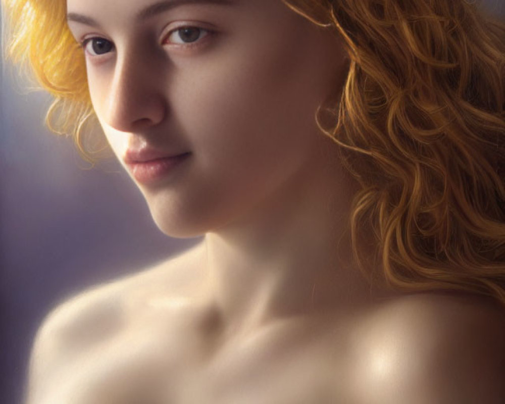 Golden Curly-Haired Woman Portrait with Soft Gaze and Subtle Smile