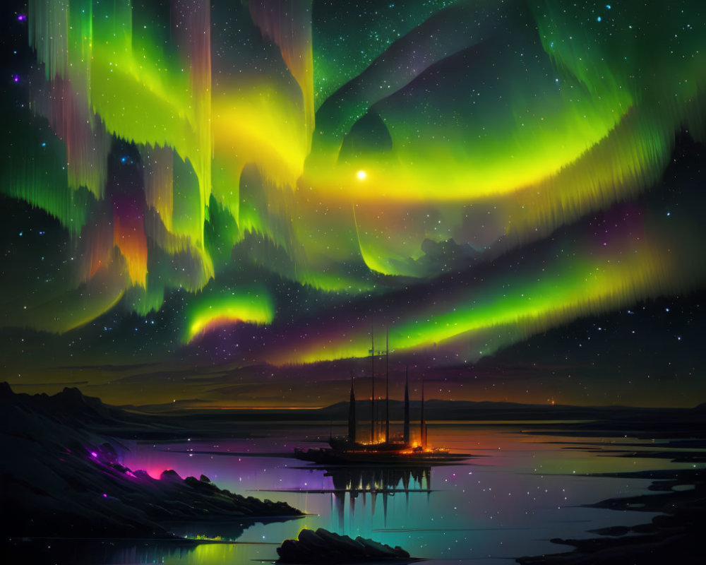 Starry night sky with vivid auroras over serene lake and sailboat